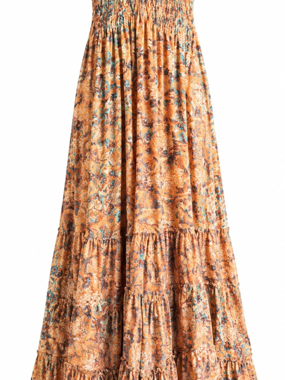 Bohemian Tiered Maxi Dress in Mustard Floral